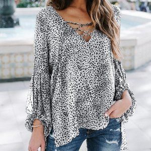 White Lantern Sleeve Lace Up Blouse
